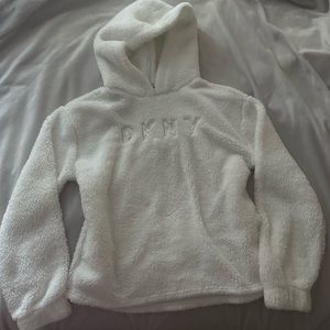 DKNY White Fluffy Hoodie Top Sweater for the Winter. Children Large/Adult Small.